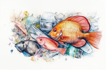 fish and plastic trash drawing