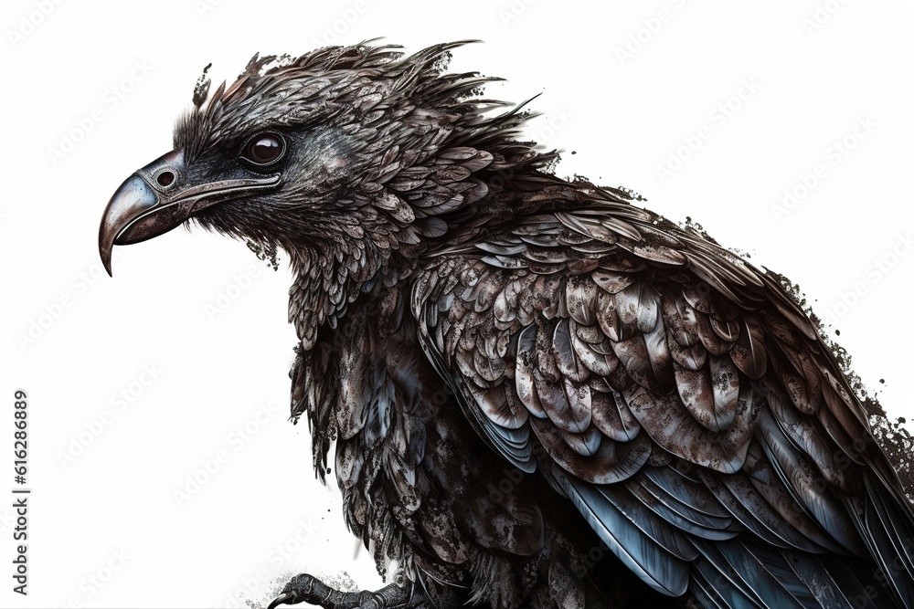 Poster drawing of a black crow isolated on a white background. generated by ai.