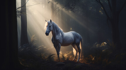 Obraz na płótnie Canvas white horse in forest with sun shine generative ai