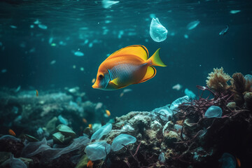 Fototapeta na wymiar fish and trash in the ocean 