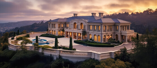Aerial view of a large luxury mansion in the hills of Los Angeles with beautiful architecture. The luxurious home has scenic views of the mountains 