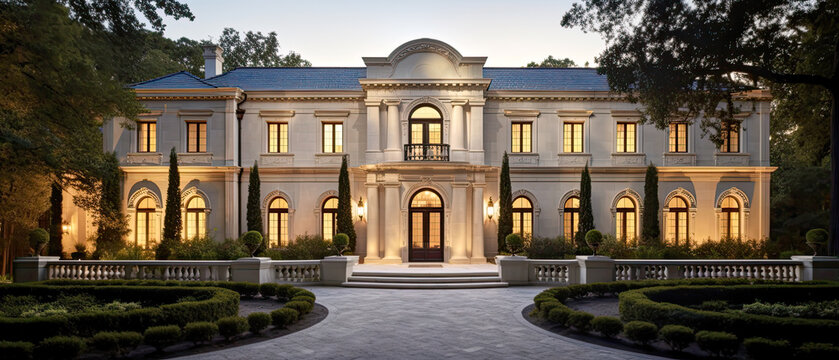 Large luxury house with beautiful classic architecture. The luxurious home has scenic beautiful gardens and 20 bedrooms.