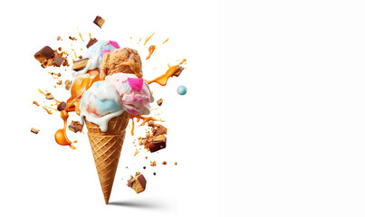 Ice cream with caramel topping on a white background with space for text. Apetite cold dessert.