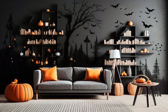 Living room decorated with pumpkins and bats. Generative ai