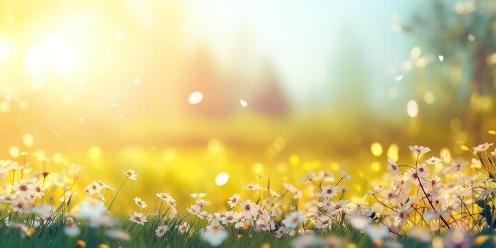 Abstract sunny spring background with blooming flowers and trees