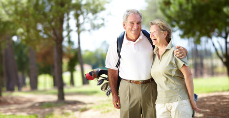 Happy old couple, hug or portrait of golfers in fitness workout, exercise or round on course or field. Embrace, elderly man hugging, laughing or smiling in golfing sports game with funny senior woman