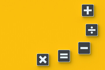 Elementary arithmetic. Mathematical symbols on buttons. Plus, minus, multiply, divide and equal. Basic math signs. Exams at school. New theorem. Budget calculation. Top view. Copy space. 3d render