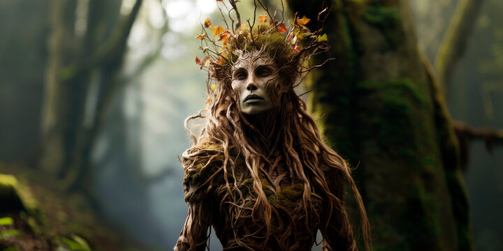 fantasy Dryad in the dark forest, fantasy character, creature concept