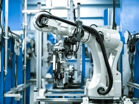 In automotive factory, a robotics arm with a milling spindle attachment