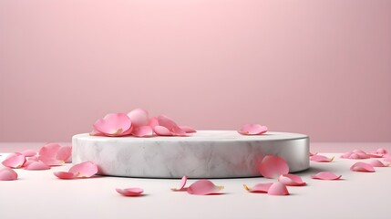 Stone pedestal with pink flowers modern background. Product display design, minimal mockup template. Generative AI