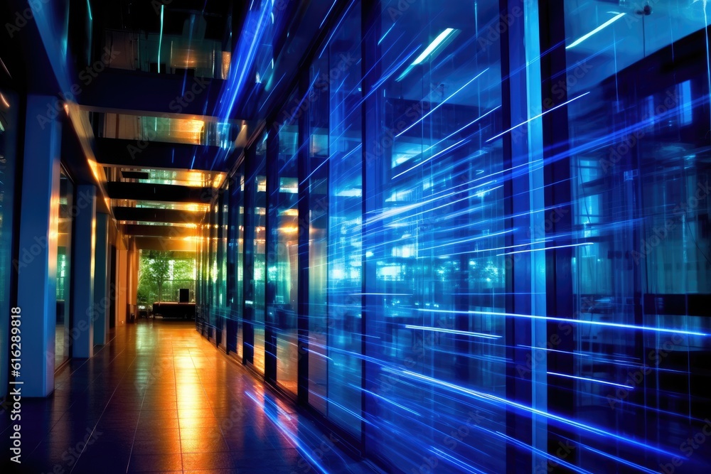 Poster a dynamic shot capturing the flurry of digital networks inside a modern office. generative ai