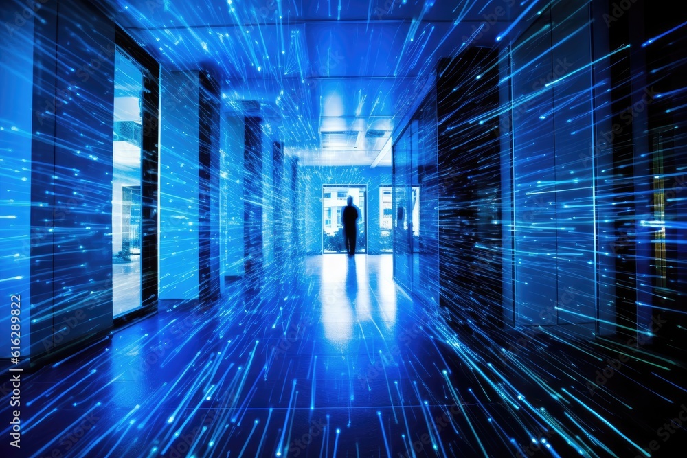 Poster a dynamic shot capturing the flurry of digital networks inside a modern office. generative ai