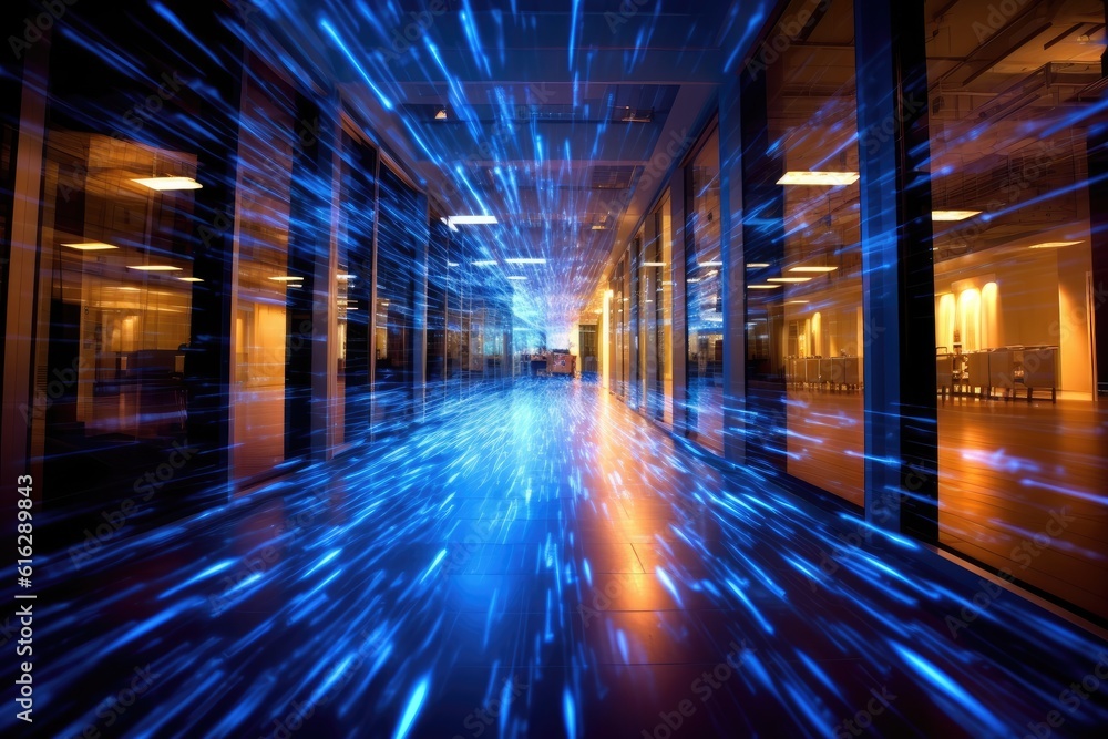 Poster a dynamic shot capturing the flurry of digital networks inside a modern office. generative ai