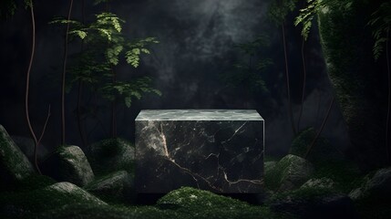 Stone pedestal in the dark forest, black background. Product display design, luxury mockup template. Generative AI