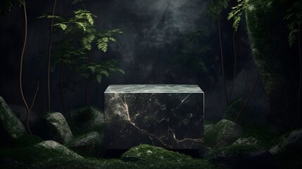 Obraz premium Stone pedestal in the dark forest, black background. Product display design, luxury mockup template. Generative AI