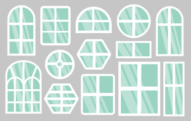 Window design clipart set. Set of windows with white frames and blue glass set vector illustration. Collection of plastic windows of different types. For indoor and outdoor use. Flat style. Isolated