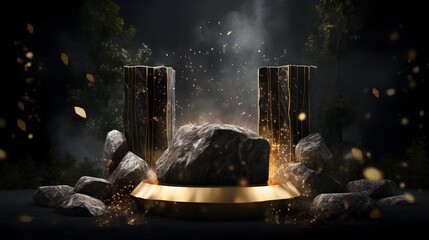 Empty stone pedestal dark background. Modern product display design. Luxury mockup template. Generative AI