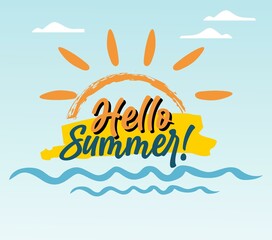 Hello Summer Background. Hello summer illustration concept design. Hello summer text with colorful elements like palm tree, leaves, umbrella and flamingo for tropical holiday season background. 