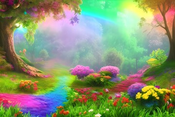 Obraz na płótnie Canvas Flower Forest Background, Rainbow pastel Flower Forest Landscape, Flower Forest Landscape Background, Nature Background, Landscape Background, Generative AI
