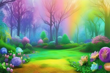 Obraz na płótnie Canvas Flower Forest Background, Rainbow pastel Flower Forest Landscape, Flower Forest Landscape Background, Nature Background, Landscape Background, Generative AI