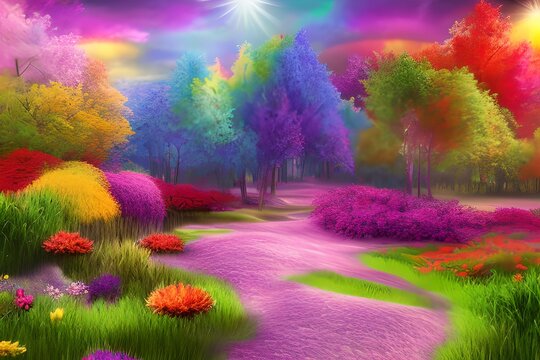 Flower Forest Background, Rainbow pastel Flower Forest Landscape, Flower Forest Landscape Background, Nature Background, Landscape Background, Generative AI © Forhadx5