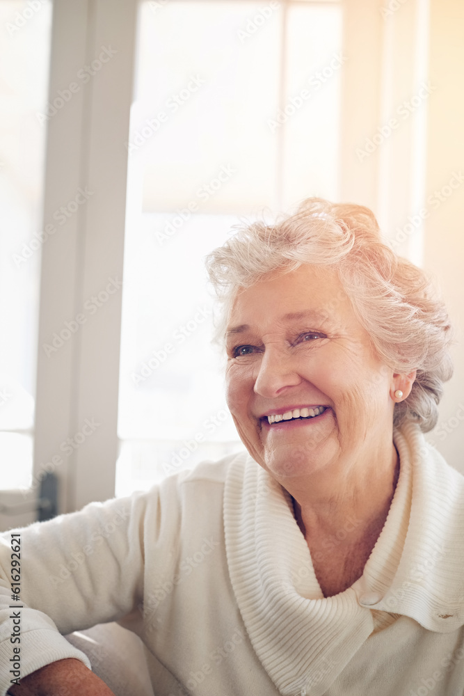 Poster Relax, happy and face of old woman on sofa for free time, retirement and weekend. Smile, happiness and mindset with senior person in living room for elderly, positive and carefree resting at home