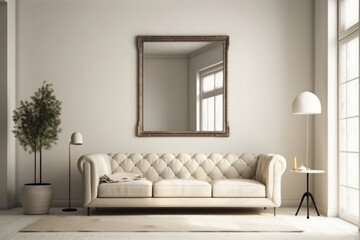A peaceful living room with a comfortable white couch is bathed in natural light, creating a bright and inviting space. AI Generative