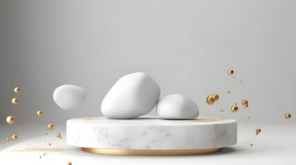 Fototapeta premium white rocks with golden confetti, white abstract background. Generative AI