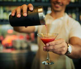 Barman hands, cocktail drink and happy man make alcohol beverage at pub, night club or drinks bar. Bartender service, restaurant shop and nightclub worker, employee or person prepare liquor liquid