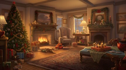 Fototapeta na wymiar interior of house with fireplace and christmas tree generative art