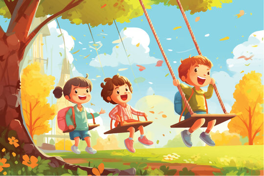 vector illustration of Happy Children Playing Outside.