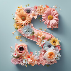 Floral Typography of the Letter S - Beautiful Pastel Flowers Arranged over a Wooden "S" with Calm, Muted Colors - Generative AI
