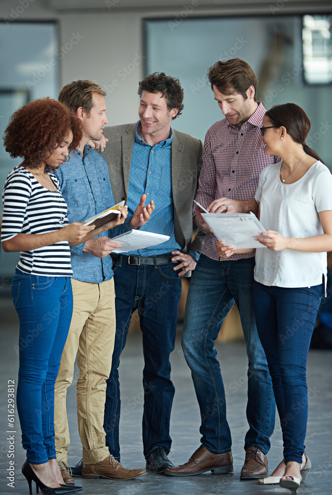 Leinwandbilder teamwork, discussion or business people with ideas in meeting for brainstorming as a group in office