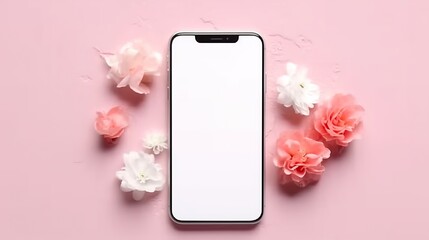 Fototapeta na wymiar Smartphone mock up screen on pink pastel flowers white floral feminine spring background Generative AI