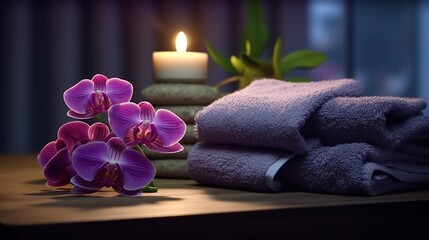 Obraz na płótnie Canvas Spa towels and orchids, in the style of dark purple and dark gray Generative AI