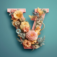Floral Typography of the Letter V - Beautiful Pastel Flowers Arranged over a Wooden "V" with Calm, Muted Colors - Generative AI