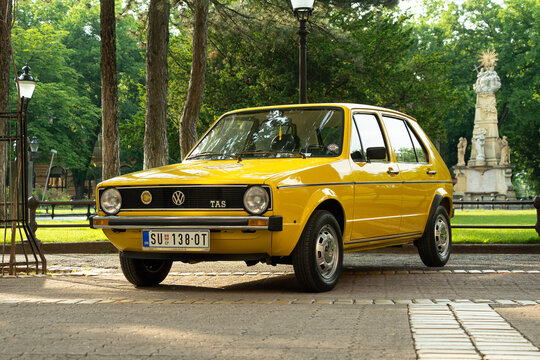 Yellow Volkswagen Golf 1 JL in excellent condition is parked in Subotica, Serbia, 21.06.2023