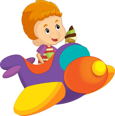 Cartoon boy kid on a toy funfair plane amusement park or playground isolated illustration for kids