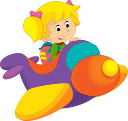 Naklejka premium Cartoon girl kid on a toy funfair plane amusement park or playground isolated illustration for kids