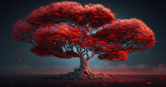 Oil painting,3d red tree art wallpaper background.