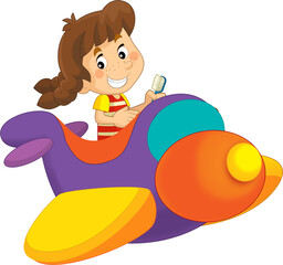 Cartoon girl kid on a toy funfair plane amusement park or playground isolated illustration for kids