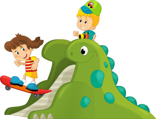 cartoon scene with playing kid on dinosaur playground or funfair toy isolated illustration for kids