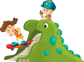 Obraz na płótnie Canvas cartoon scene with playing kid on dinosaur playground or funfair toy isolated illustration for kids