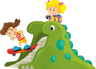 cartoon scene with playing kid on dinosaur playground or funfair toy isolated illustration for kids