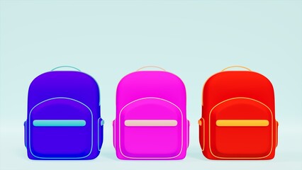 Three backpacks of different colors on a blue stage, theme of classes and school, 3d illustration