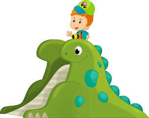 cartoon scene with playing kid on dinosaur playground or funfair toy isolated illustration for kids
