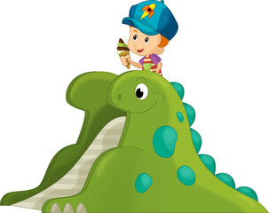 cartoon scene with playing kid on dinosaur playground or funfair toy isolated illustration for kids