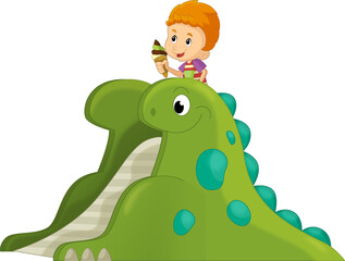 cartoon scene with playing kid on dinosaur playground or funfair toy isolated illustration for kids