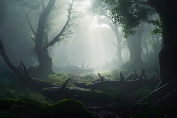 Misty morning in an ancient forest