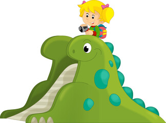 cartoon scene with playing kid on dinosaur playground or funfair toy isolated illustration for kids